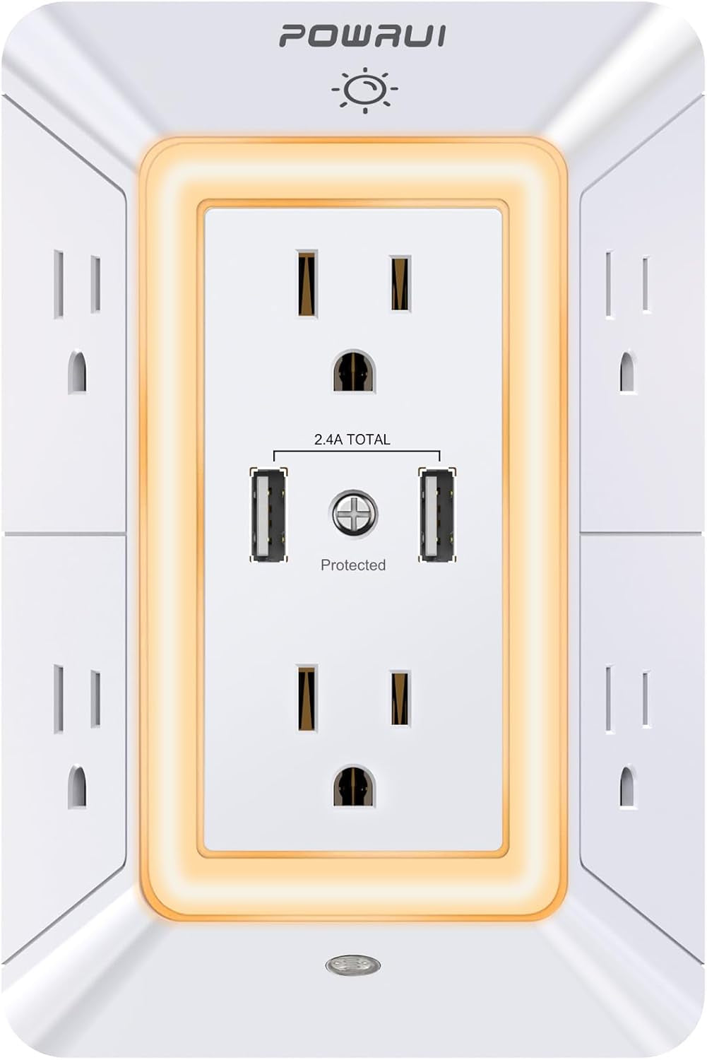 USB Wall Charger, Surge Protector, 6-Outlet Extender with 2 USB Charging Ports (2.4A Total) and Night Light, 3-Sided Power Strip with Adapter Spaced Outlets - White,Etl Listed
