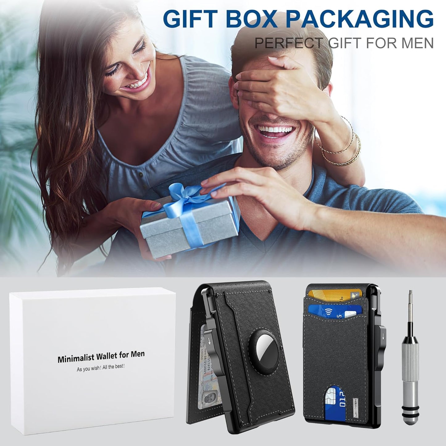 Airtag Wallet for Men - with Pop up Aluminum Case Money Clip Slim Leather Slots Credit Card Holder RFID Blocking Bifold Minimalist Wallet (Black)