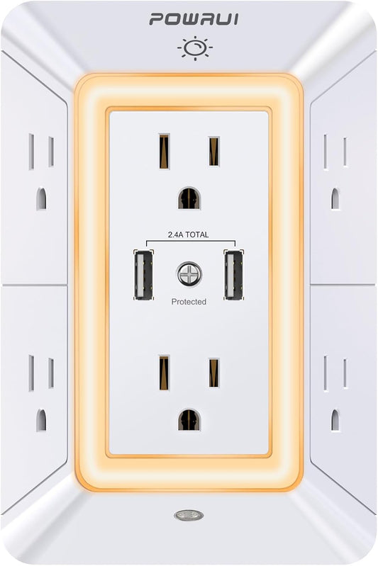 USB Wall Charger, Surge Protector,  6-Outlet Extender with 2 USB Charging Ports (2.4A Total) and Night Light, 3-Sided Power Strip with Adapter Spaced Outlets - White，Etl Listed