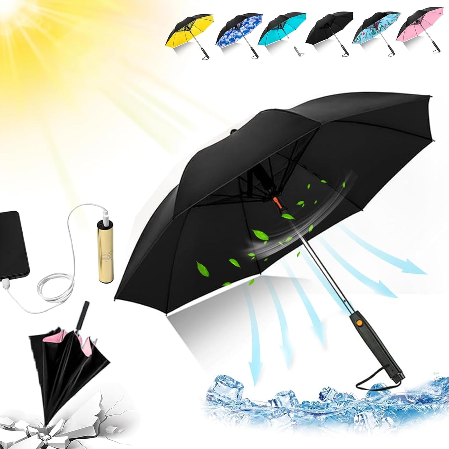 3 in 1 Umbrella with Fan - Umbrella with Fan and Mist Spray, UV Umbrella with Fan and Mister USB Rechargeable Summer Sunshade - Dot Com Product