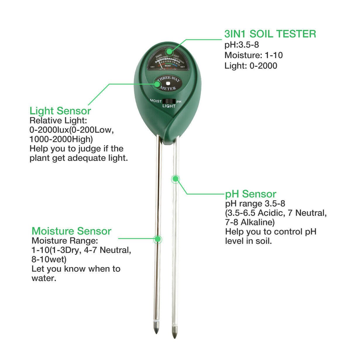 3 In1 Soil Tester Water PH Moisture Light - Dot Com Product