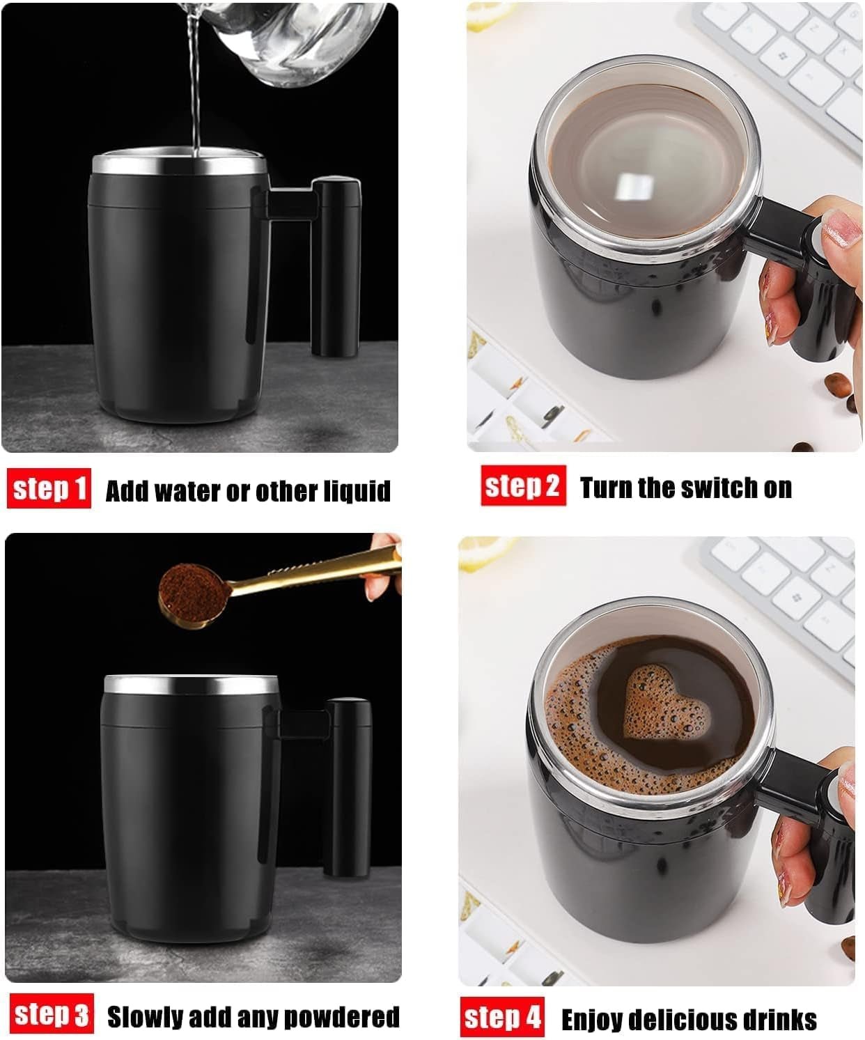 Self Stirring Mug,Rechargeable Auto Magnetic Coffee Mug with 2Pc Stir Bar,Waterproof Automatic Mixing Cup for Milk/Cocoa at Office/Kitchen/Travel 14Oz Best Gift - Black - Dot Com Product