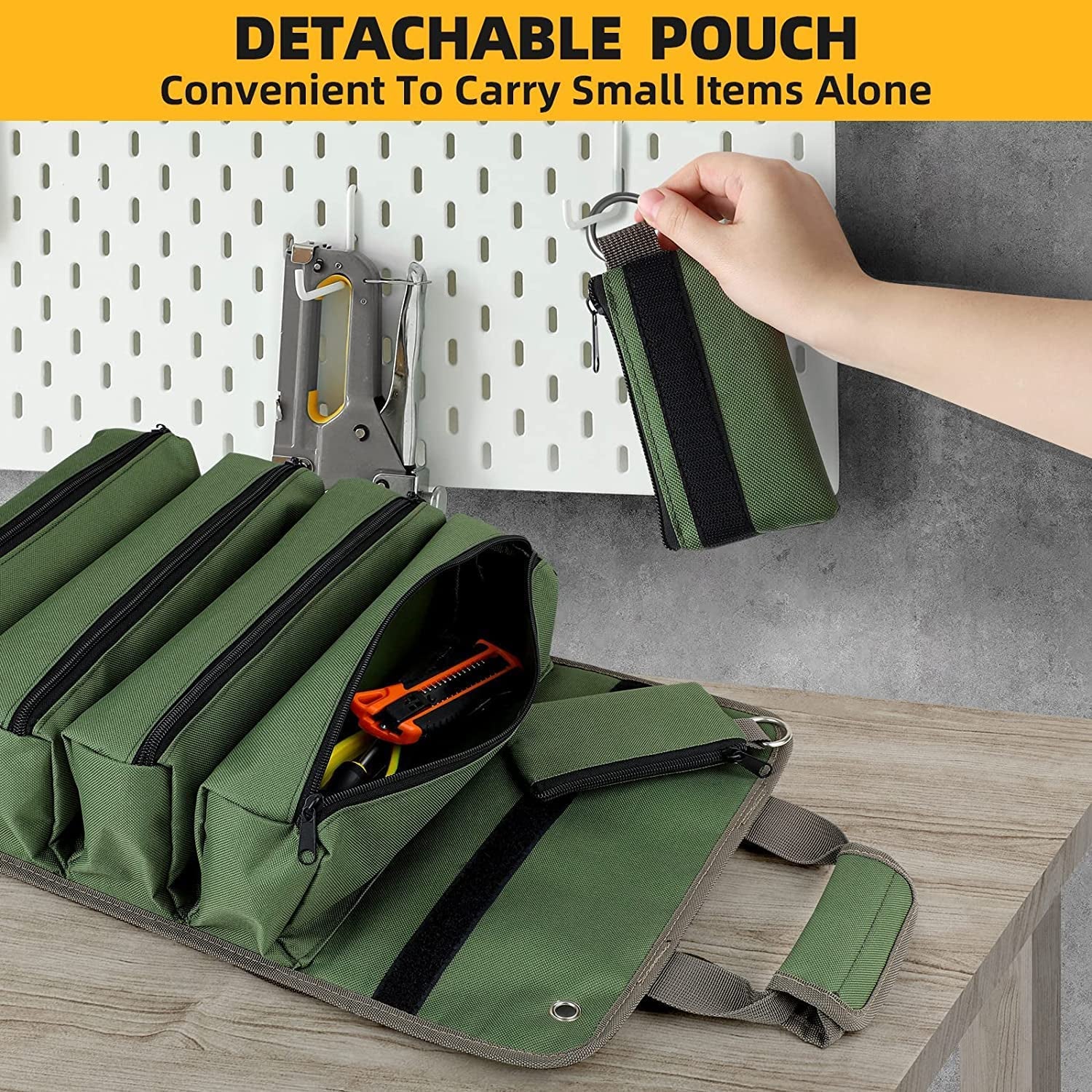 Tool Bag Roll Up, Heavy Duty Rolled Empty Tool Storage Organization, Portable Foldable Rollup Organizer with 2 Small Pouches, Rollable Carrying Toolbag, Dad Men Mechanic Birthday Gifts, Army Green - Dot Com Product