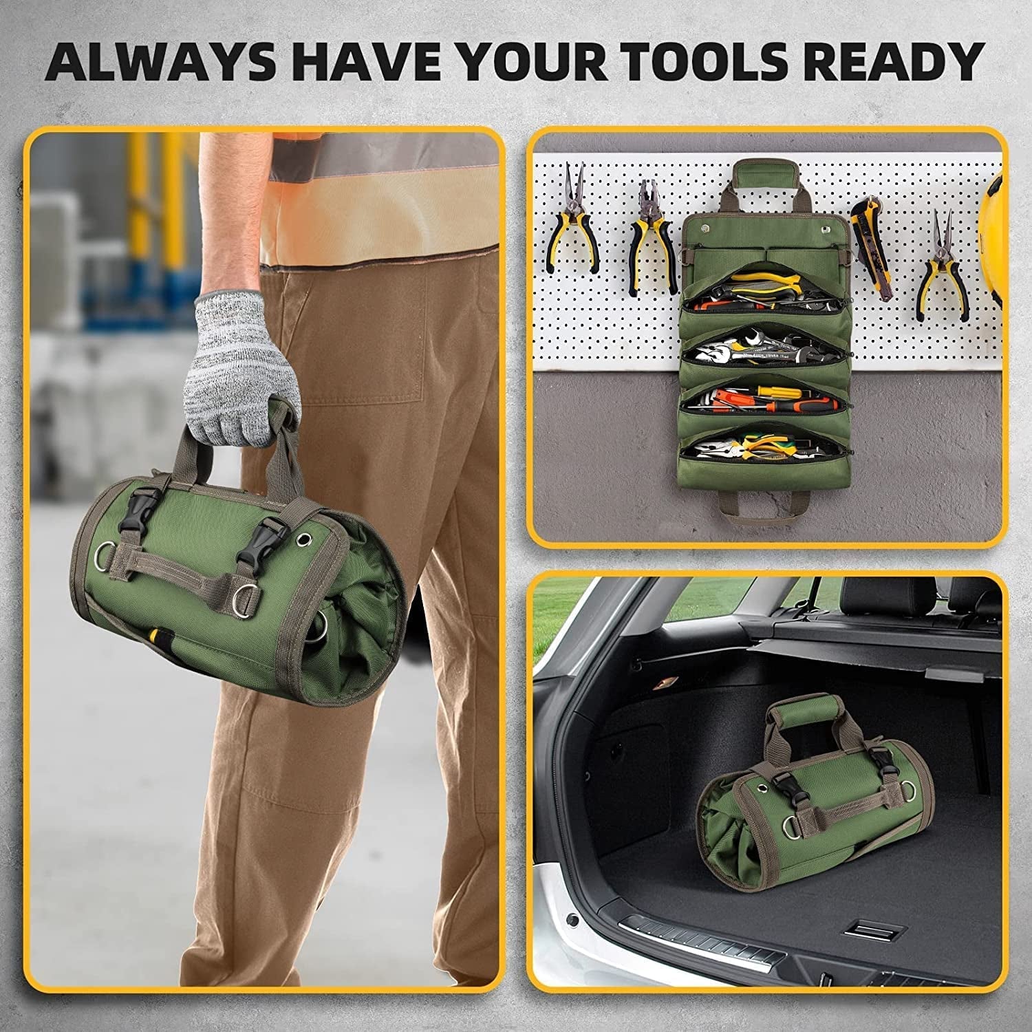 Tool Bag Roll Up, Heavy Duty Rolled Empty Tool Storage Organization, Portable Foldable Rollup Organizer with 2 Small Pouches, Rollable Carrying Toolbag, Dad Men Mechanic Birthday Gifts, Army Green - Dot Com Product