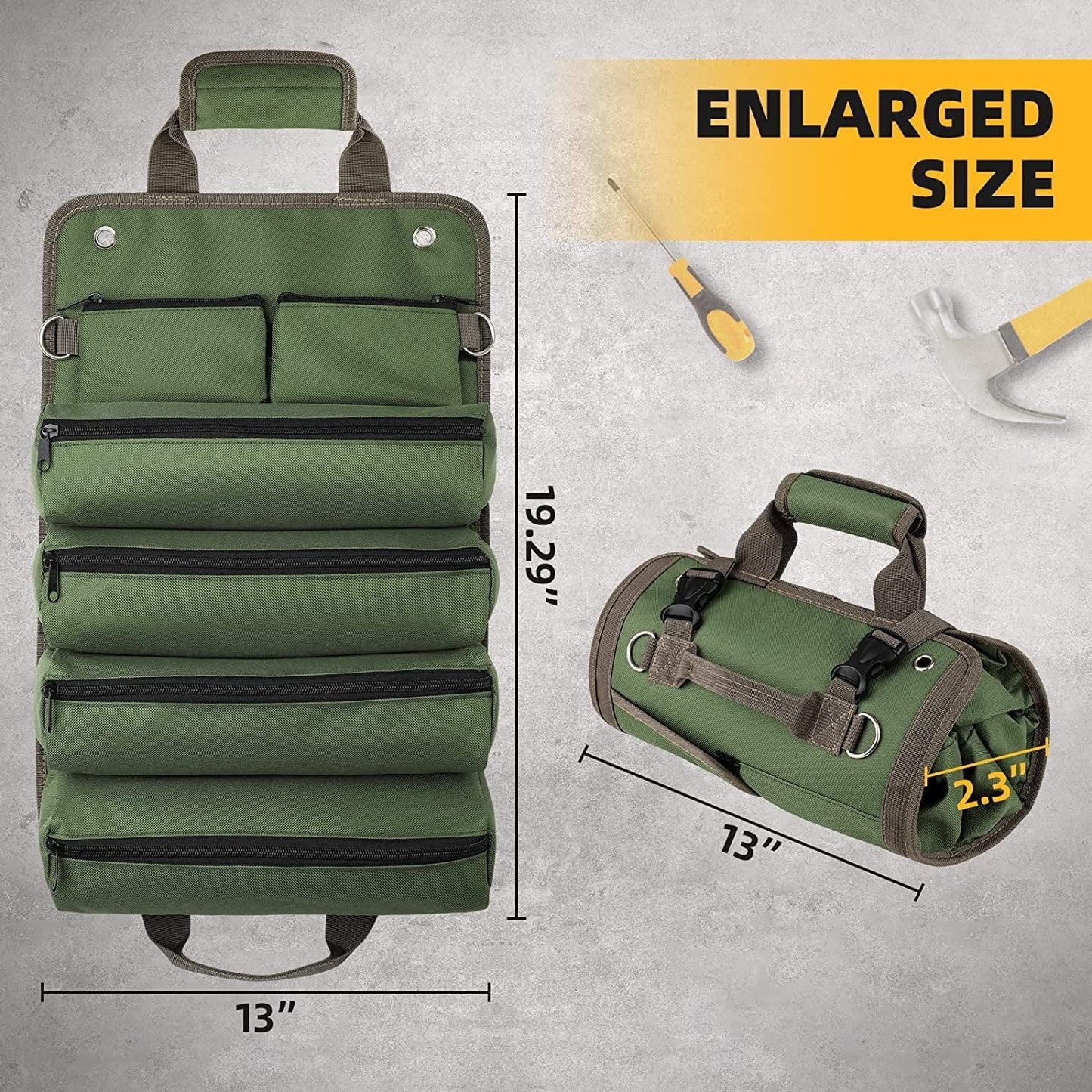 Tool Bag Roll Up, Heavy Duty Rolled Empty Tool Storage Organization, Portable Foldable Rollup Organizer with 2 Small Pouches, Rollable Carrying Toolbag, Dad Men Mechanic Birthday Gifts, Army Green - Dot Com Product